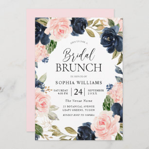 Navy Blush Floral Wreath Bridal Shower Brunch Invitation