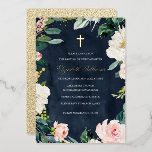 Navy Blush Floral Wreath Cross Girl Baptism  Foil Invitation