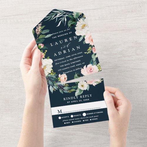 Navy Blush Floral Wreath Weddin All In One Invitation