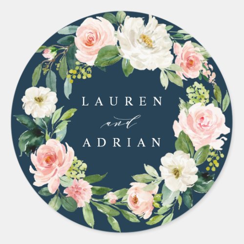 Navy Blush Floral Wreath Wedding Classic Round Sticker