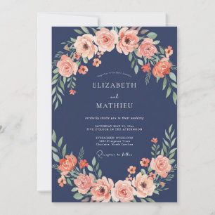Navy Blush Floral Wreath Wedding Invitation