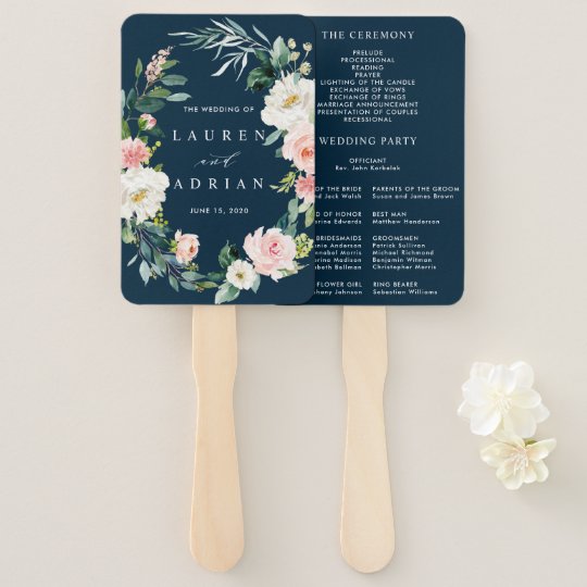 Navy Blush Floral Wreath Wedding Program Hand Fan Zazzle Com