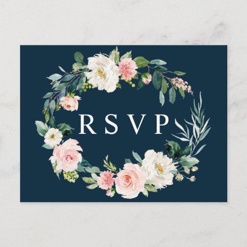 Navy Blush Floral Wreath Wedding RSVP Postcard