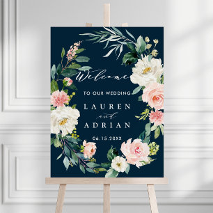 Navy Blush Floral Wreath Wedding Welcome Foam Board