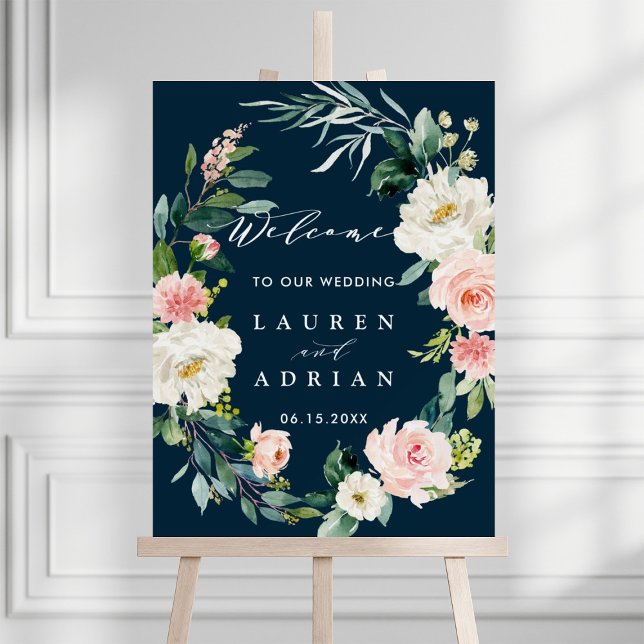 Navy Blush Floral Wreath Wedding Welcome Foam Board (Creator Uploaded)