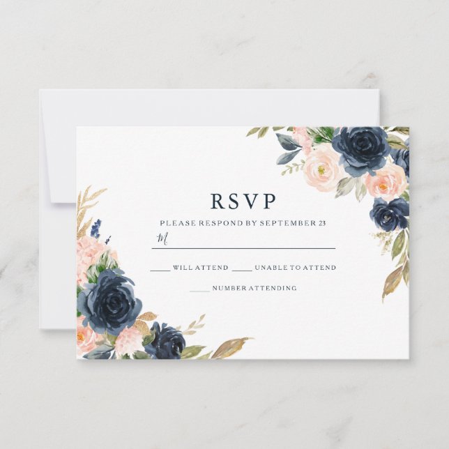 Navy & Blush Florals Elegant Wedding RSVP Card (Front)