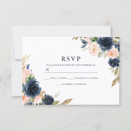 Navy  Blush Florals Elegant Wedding RSVP Card