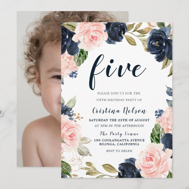 Navy Blush Flowers 4th 5th 6th Children Birthday Invitation (Front/Back)