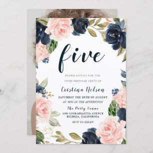 Navy Blush Flowers 4th 5th 6th Children Birthday Invitation