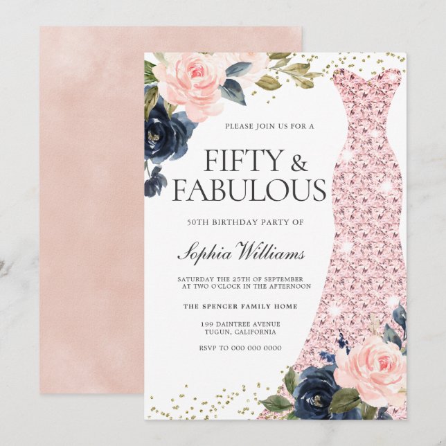 Navy Blush Flowers 50th Birthday Fifty & Fabulous Invitation (Front/Back)