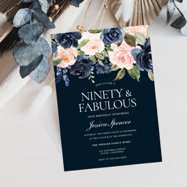 Navy & Blush Flowers 90th Birthday Party Invitation (Creator Uploaded)
