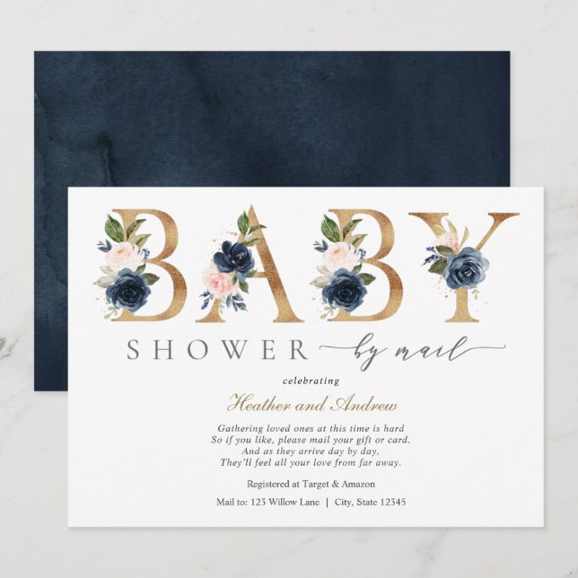Navy Blush Flowers and Gold Baby Shower by Mail Invitation (Front/Back)