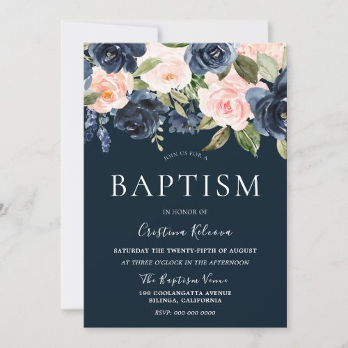 Navy  Blush Flowers Boys girl Baptism Christening Invitation