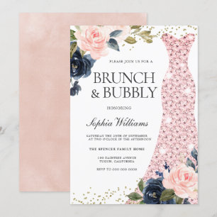 Navy & Blush Flowers Bridal Shower Brunch & Bubbly Invitation