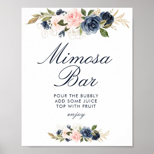 navy  blush flowers bridal shower mimosa bar sign