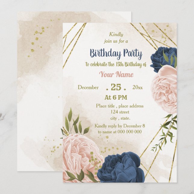 navy blush flowers green leaves birthday invitation (Front/Back)