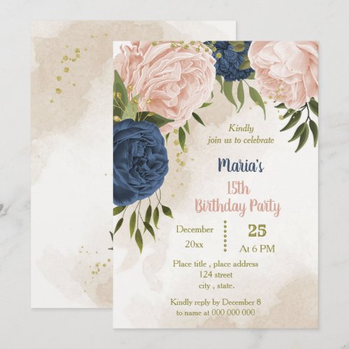 navy blush flowers green leaves birthday