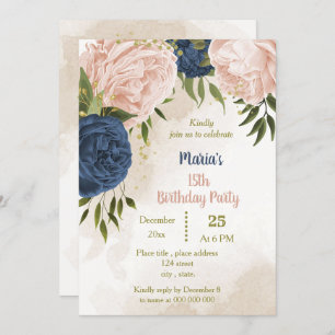 navy blush flowers green leaves birthday invitation