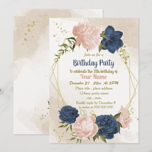 navy blush flowers green leaves birthday