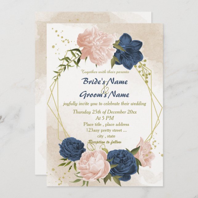 navy blush flowers green leaves geometric wedding invitation (Front/Back)