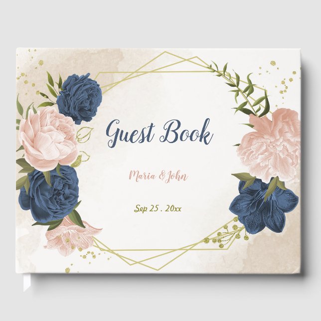 navy blush flowers green leaves guest book (Front)