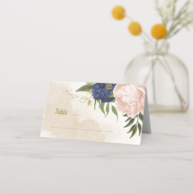 navy blush flowers green leaves place card (Front)