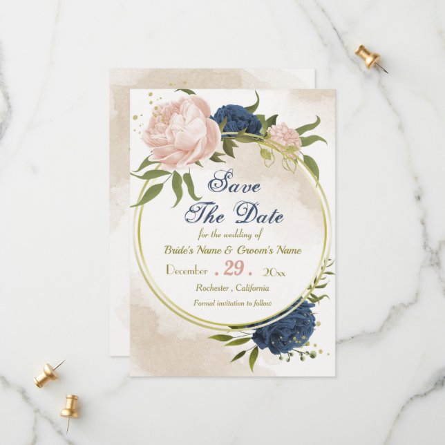navy blush flowers green leaves save the date (Front/Back In Situ)