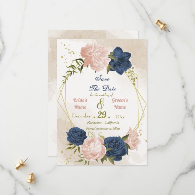 navy blush flowers green leaves save the date (Front/Back In Situ)