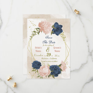 navy blush flowers green leaves save the date