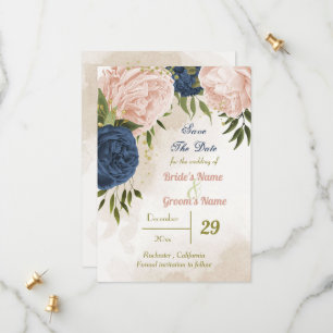 navy blush flowers green leaves save the date
