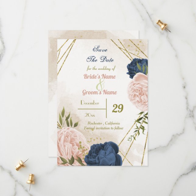 navy blush flowers green leaves save the date (Front/Back In Situ)