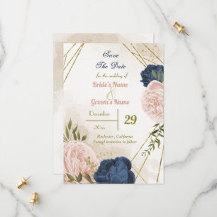 navy blush flowers green leaves save the date