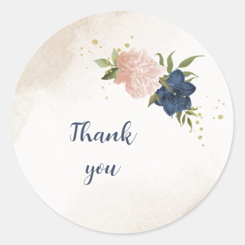 navy blush flowers green leaves wedding classic round sticker