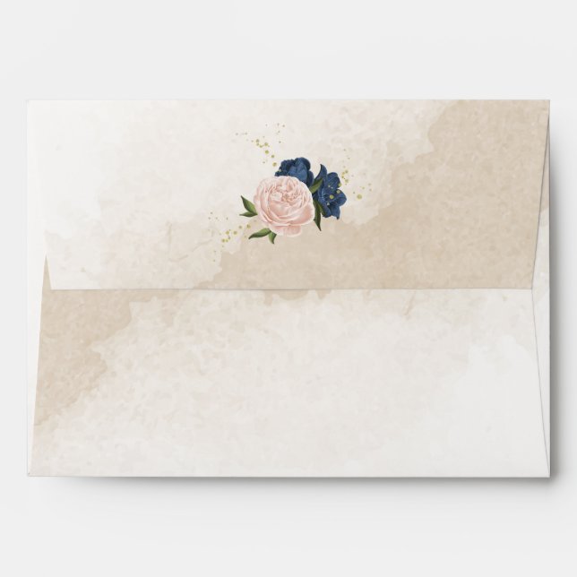 navy blush flowers green leaves wedding envelope (Back (Top Flap))