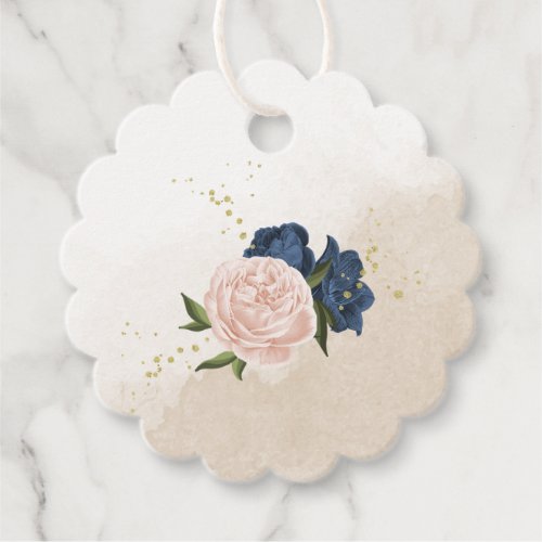 navy blush flowers green leaves wedding favor tags
