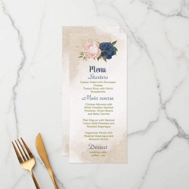 navy blush flowers green leaves wedding menu (Front/Back In Situ)
