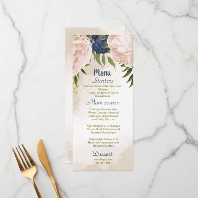 navy blush flowers green leaves wedding menu (Front/Back In Situ)