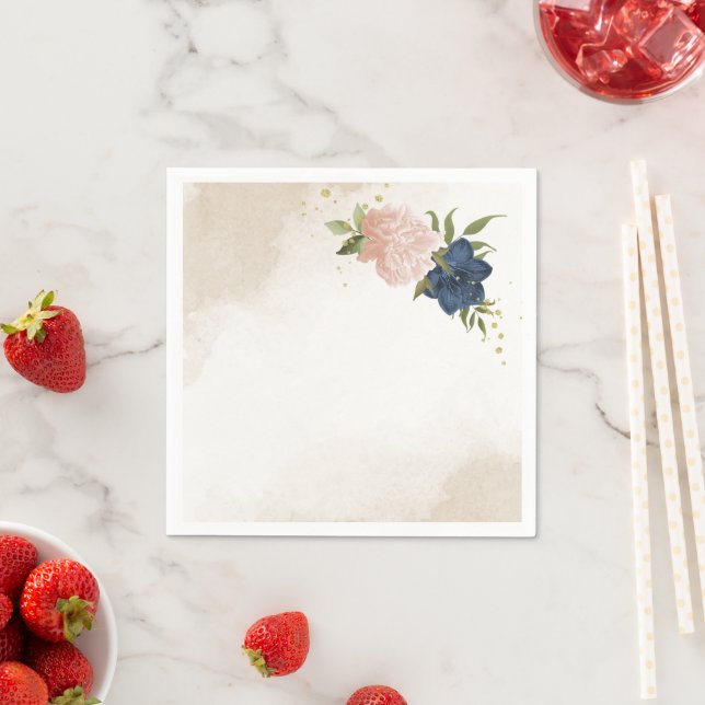 navy blush flowers green leaves wedding napkins (Insitu)