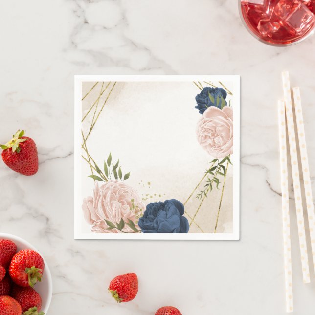 navy blush flowers green leaves wedding napkins (Insitu)