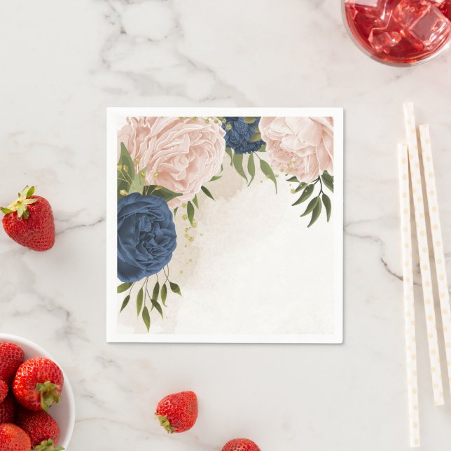 navy blush flowers green leaves wedding napkins (Insitu)