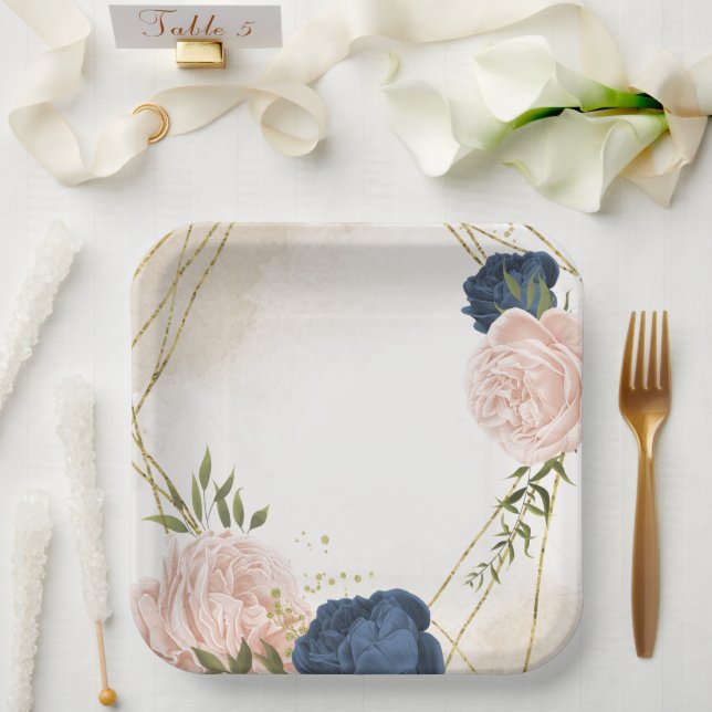 navy blush flowers green leaves wedding paper plates (Wedding)