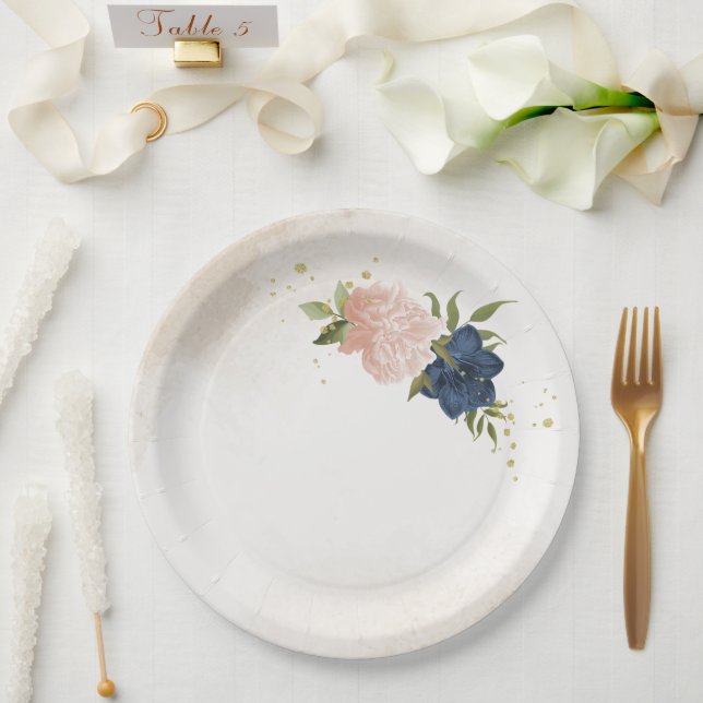 navy blush flowers green leaves wedding paper plates (Wedding)