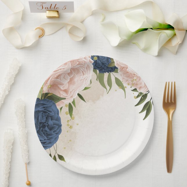 navy blush flowers green leaves wedding paper plates (Wedding)