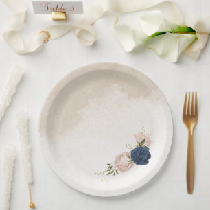 navy blush flowers green leaves wedding paper plates