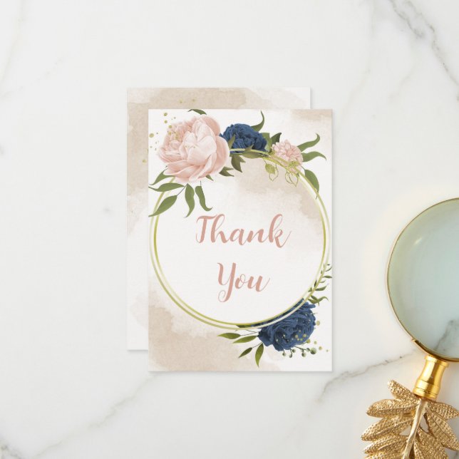 navy blush flowers green leaves wedding thank you card (Front/Back In Situ)