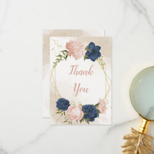 navy blush flowers green leaves wedding thank you card