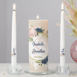 navy blush flowers green leaves wedding unity cand candle set