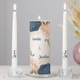 navy blush flowers green leaves wedding unity candle set
