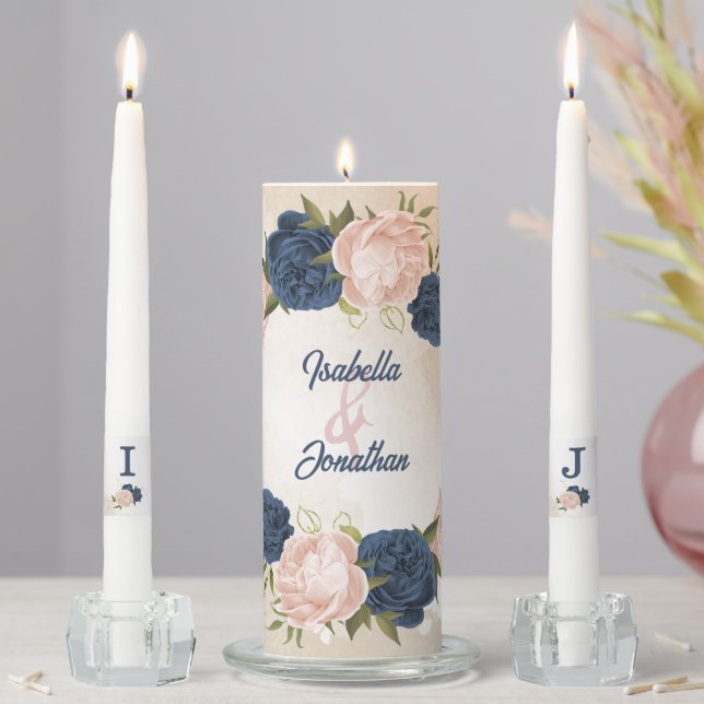 navy blush flowers green leaves wedding unity candle set (In Situ)