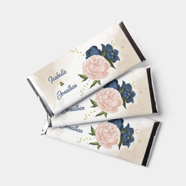 Navy & blush flowers greenery wedding  hershey bar favors (Front)